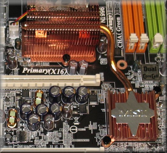 Close-up of Northbridge, Southbridge, and Heat Pipe